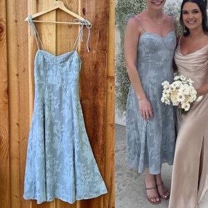 Dusty Blue Floral Jacquard Bustier Tie-Strap Midi Dress 🌿